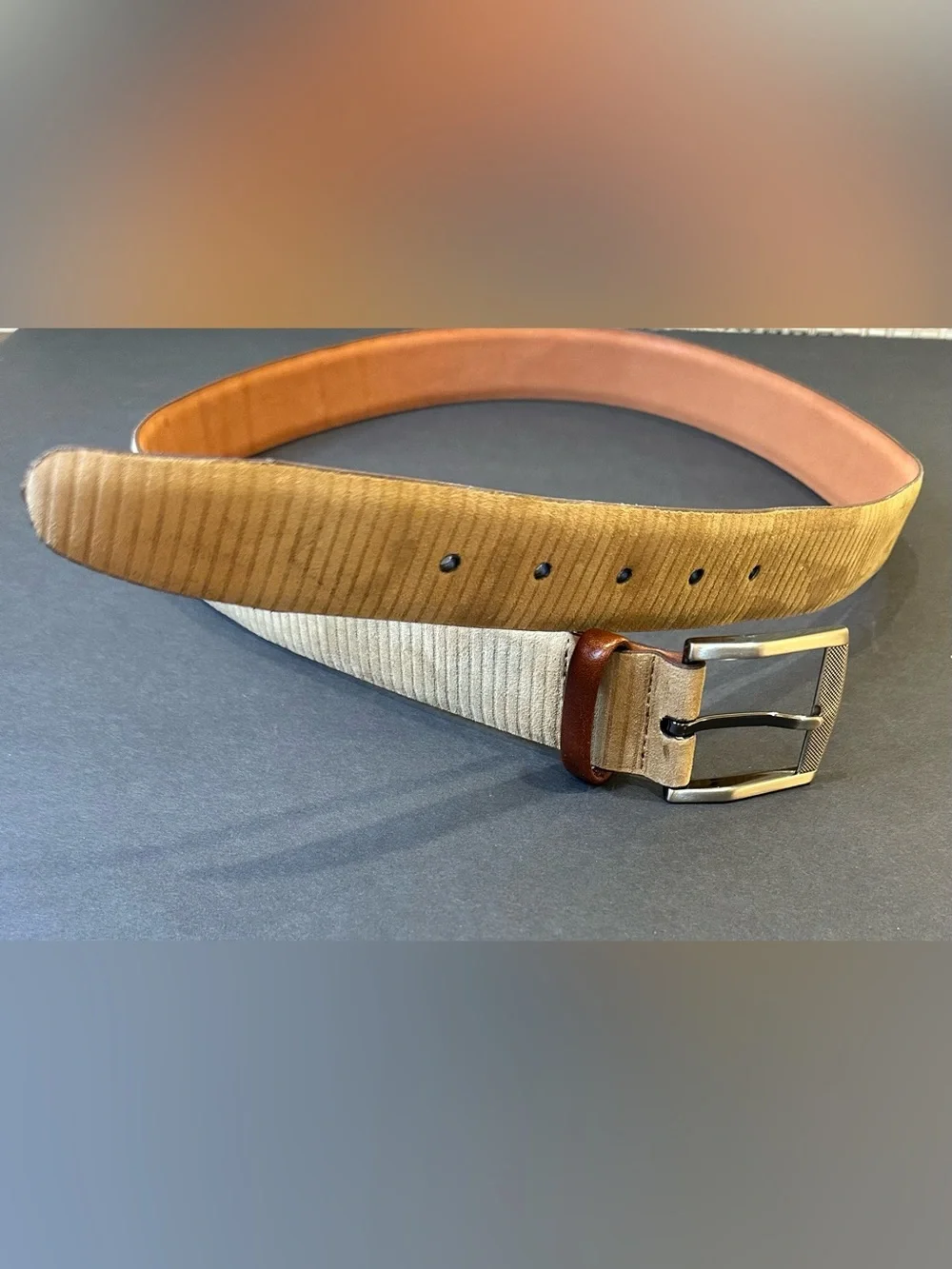 VTG 1990s Fullum & Holt Tan Ribbed Nubuck Leather Belt Gunmetal Buckle 36